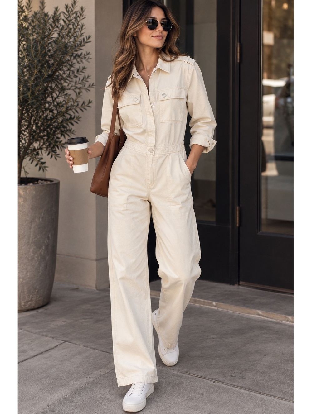 INSPR by Tezza Twill Jumpsuit Sweet Corn XL Cream Utility Coverall NWT